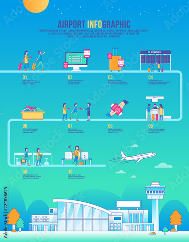 airport infographic travel vector, design building, icon graphic, transport, background modern, landscape, airplane