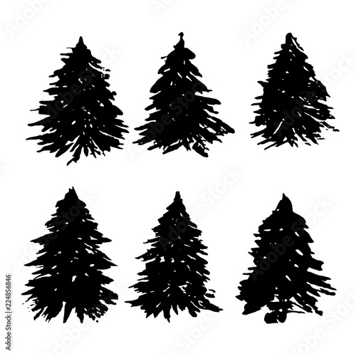 Set of fir tree silhouettes. Black grunge Christmas trees collection. Watercolor spruces isolated on white background. Vector illustration.