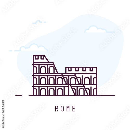 Rome city line style illustration. Colosseum famous landmark in Rome. Architecture city symbol of Italy. Outline building vector illustration. Sky with clouds on background. Travel and tourism banner.