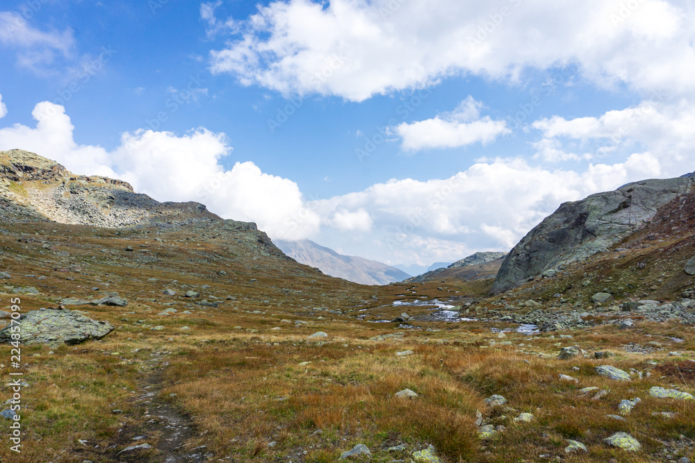 Idyllic view of Adamello Brenta National Park with rocks and a river , marshland, South Tyrol, Italy