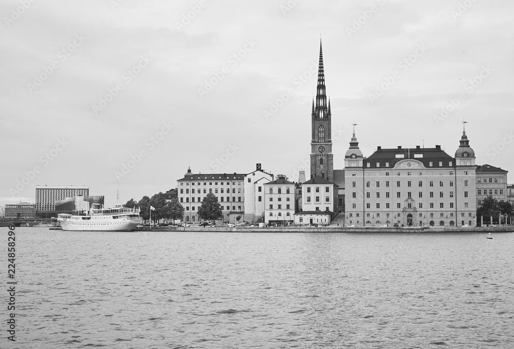 Old town of Stockholm in black in white. 