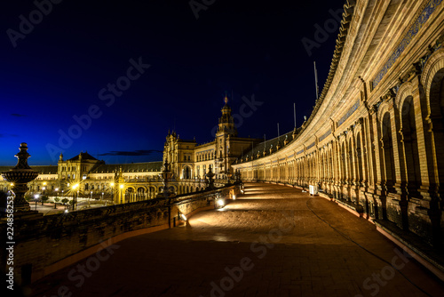 view of the Plaza de España in Seville at night in Andalucia, Spain