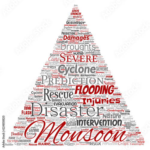 Vector conceptual monsoon dangerous weather triangle arrow meteorology word cloud isolated background. Collage of tropical dramatic storm force, strong wind blowing, rain hail thunderstorm concept