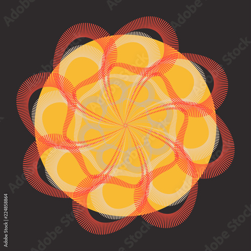 abstract geometric wheel with hatching curves in warm shades