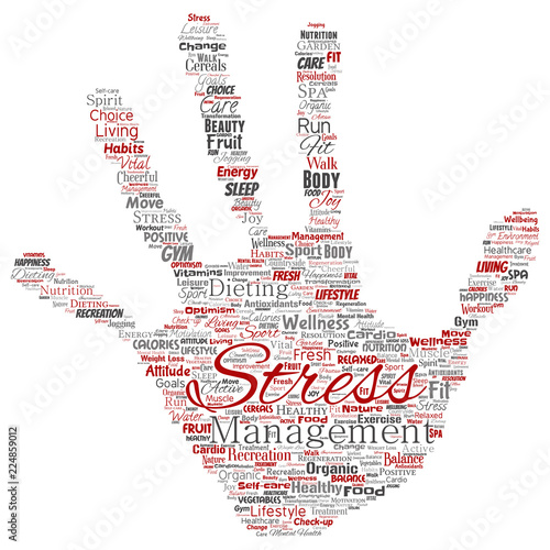 Vector conceptual healthy living positive nutrition sport hand print stamp word cloud isolated background. Collage of happiness care, organic, recreation workout, beauty, vital healthcare spa concept