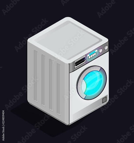 washing machine icon isolated on light back, isometric white realisitic clothes washer, single laundry washer object, washer on lilac background photo