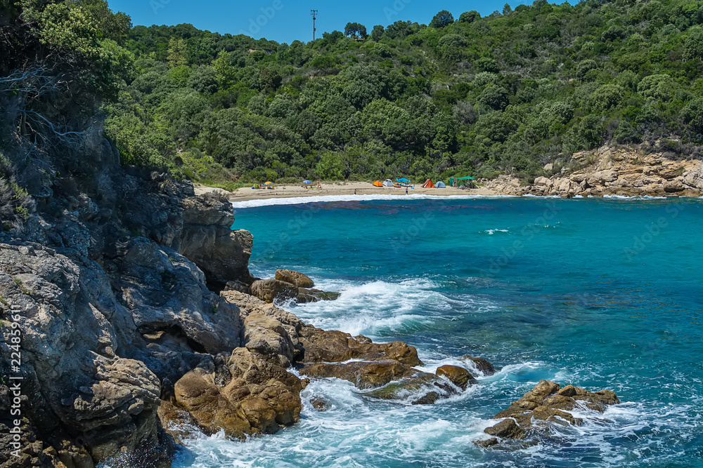 Fototapeta premium Olympiada, Greece - August 11, 2018: Proti Ammoudia beach, one of the most beautiful beaches in the Aegean Sea.