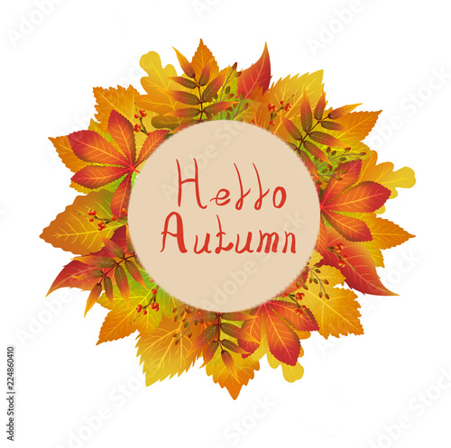 Autumn colorful illustration with different leaves around of frame with text. Hello autumn. Can be used for banners, greetings cards and flyers with leaves behind circle's shape.