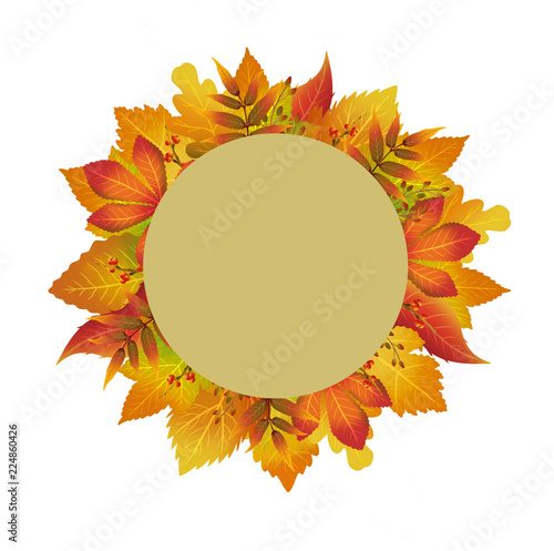 Autumn colorful illustration with different leaves around of frame. Can be used for banners, greetings cards and flyers with leaves behind circle's shape. isolated on a white background