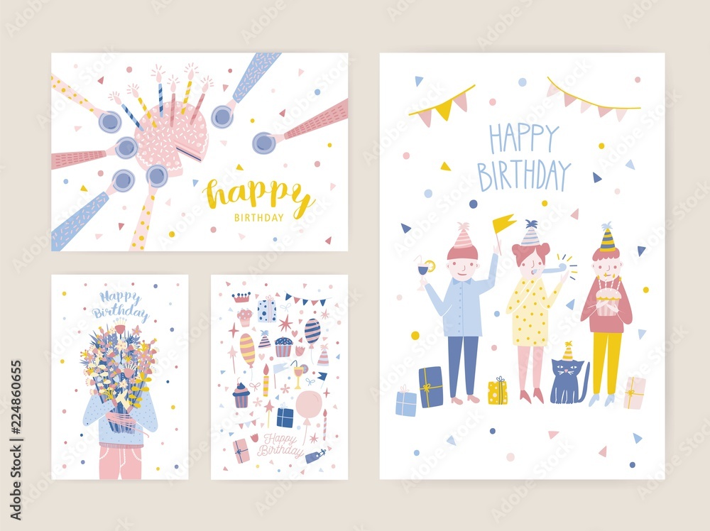 Collection of birthday greeting card, postcard or party invitation templates with happy people, cake with candles, person holding bouquet of flowers. Colorful flat cartoon vector illustration. Collection of birthday greeting card, postcard or party invitation templates with happy people, cake with candles, person holding bouquet of flowers. Colorful flat cartoon vector illustration.