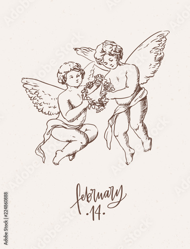 Valentine's day greeting card, postcard or party invitation template with pair of amours carrying floral wreath hand drawn with contour lines on light background