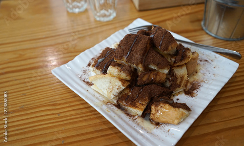 Photography Baked toast with cocoa powder and sweeten condensed milk