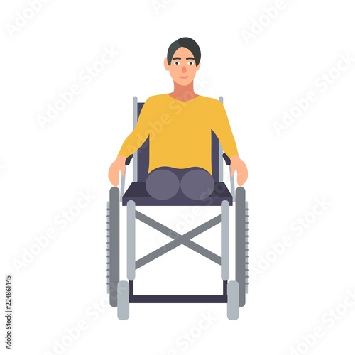 Guy without legs sitting in wheelchair isolated on white background