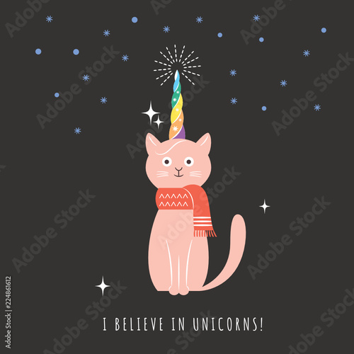 I believe in Unicorns, Greeting card, Cat with Horn of Unicorn, vector illustration, card and shirt design