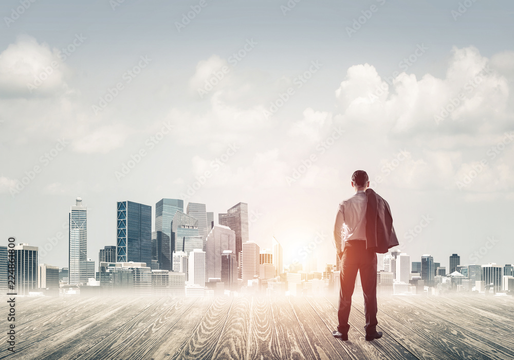 Motivation and inspiration concept with modern cityscape and bus Motivation and inspiration concept with modern cityscape and bus