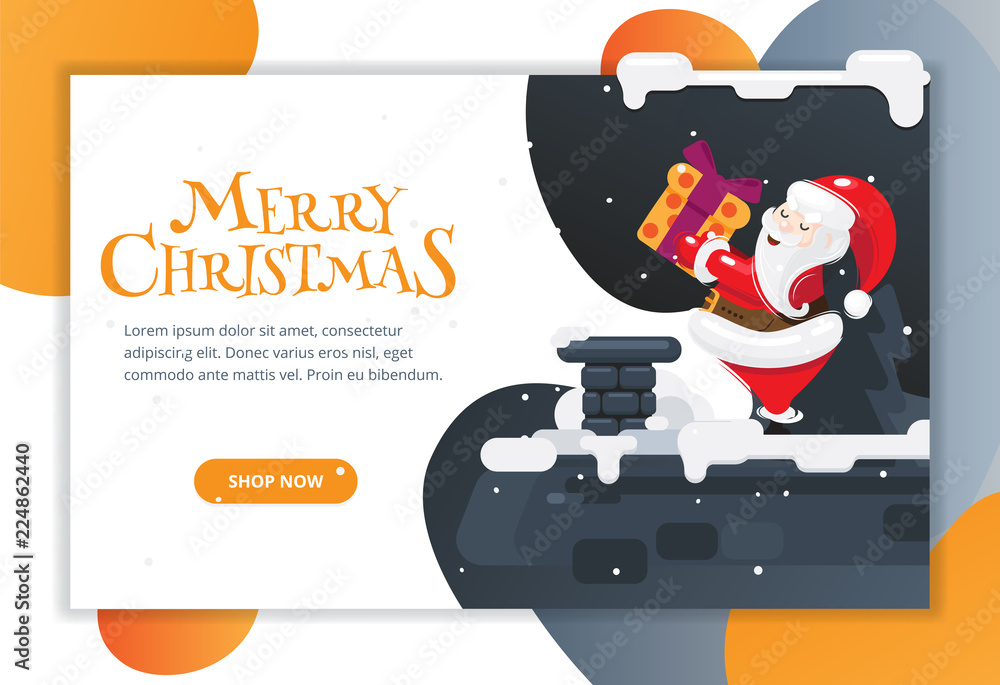 Santa Claus on the roof with a gift. Landing page. Santa Claus on the roof with a gift. Landing page.