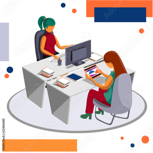Workplace staff, workflow. The working day of employees in the office.