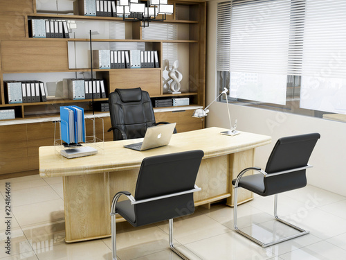 Modern company leadership office, leather chairs, wooden tables, bookshelves, etc. © 宗毅