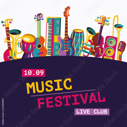 Music festival. Music instruments background. Vector illustration