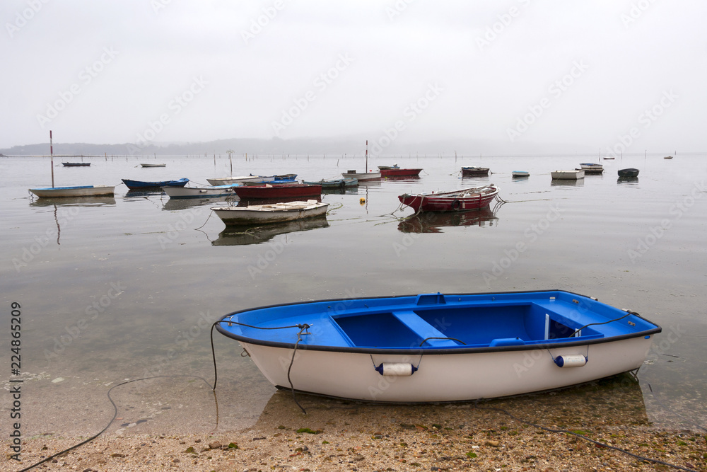 Viejas barcas atracadas en la orilla bajo la niebla Viejas barcas atracadas en la orilla bajo la niebla