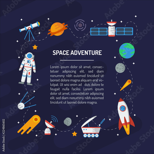 Space square frame with text area. Astronaut, the Earth, comet, satellite, rocket, Moon, radar, telescope, lunohod, stars, etc. Flat vector illustration.