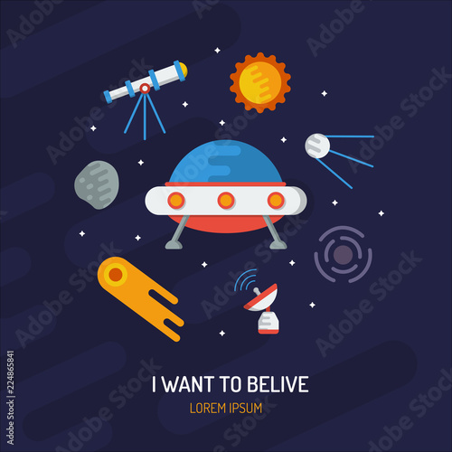 Space card. Astronomy round concept with UFO, the Sun, comet, radar, telescope, black hole, etc. Text I need more space. Flat vector illustration.