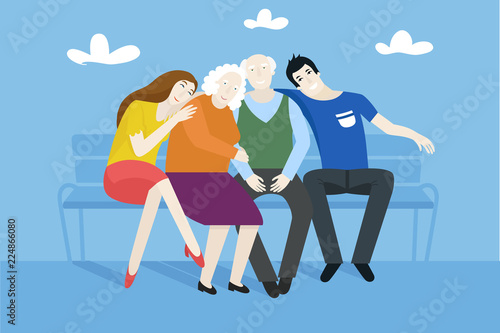 Grandparents with their grandchildren sitting on the bench in the park - vector flat style illustration - happy family life concept.