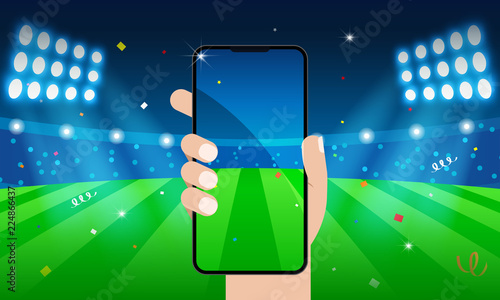 Hand holding smartphone with sports stadium background Vector illustration.