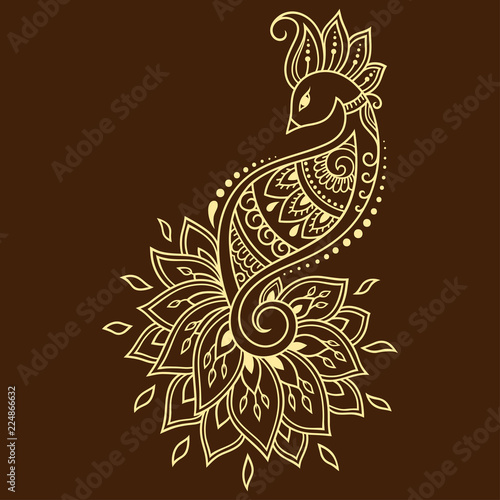 Mehndi flower pattern with peacock for Henna drawing and tattoo. Decoration in ethnic oriental, Indian style.