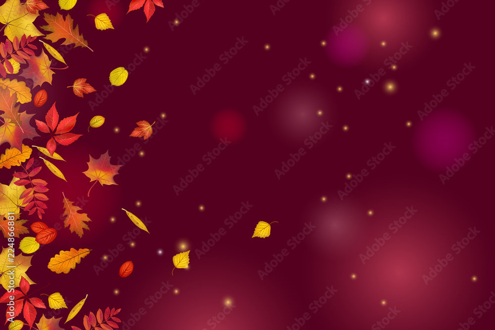 Autumn leaves isolated on beautiful dark brown background with lights and sparkles. Abstract hello Autumn background for your greeting cards design or website. Vector illustration