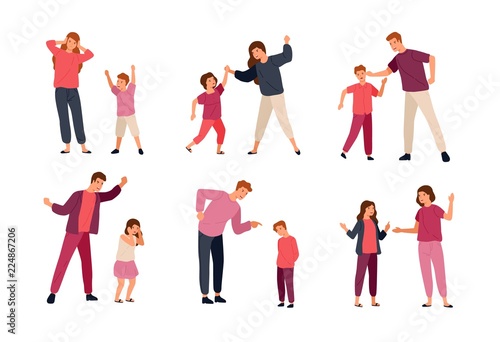 Collection of conflicts between parents and children isolated on white background. Problem of mutual aggression, offensive behavior, disobedience. Colorful vector illustration in flat cartoon style.