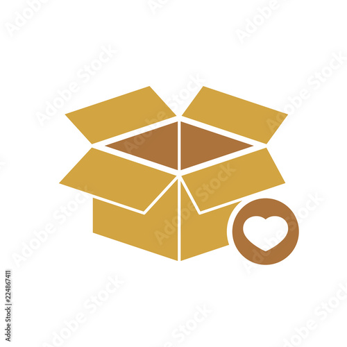 Box icon, delivery and shipping, open package, unbox icon with heart sign. Box icon and favorite, like, love, care symbol
