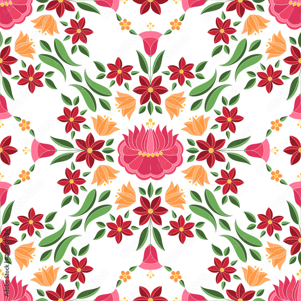 Hungarian folk pattern vector seamless. Kalocsa floral ethnic ornament. Slavic eastern european print isolated. Traditional embroidery flower design for vintage wedding invitation, gypsy textile.