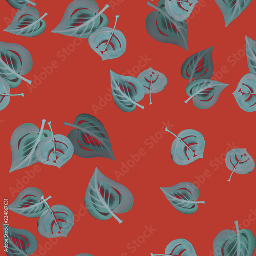 Gray gouache autumn leaves seamless pattern on red terracotta background