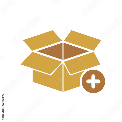 Box icon, delivery and shipping, open package, unbox icon with add sign. Box icon and new, plus, positive symbol