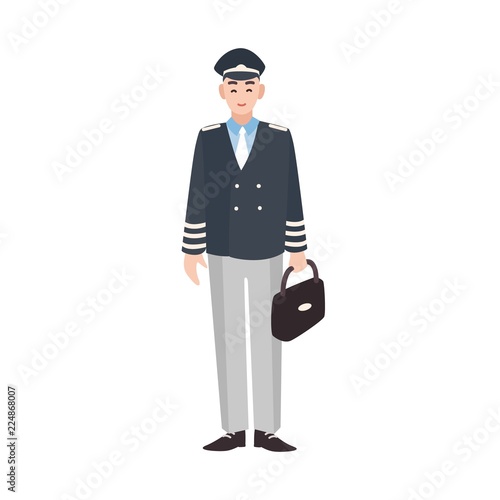 Smiling civilian aircraft pilot, aircrew captain, aviator or airman dressed in uniform