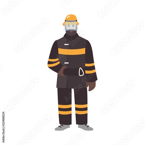 Firefighter, fireman or rescuer wearing fireproof protective clothes or uniform and helmet