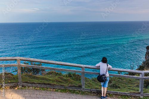 Woman leaning on fence against blue ocean