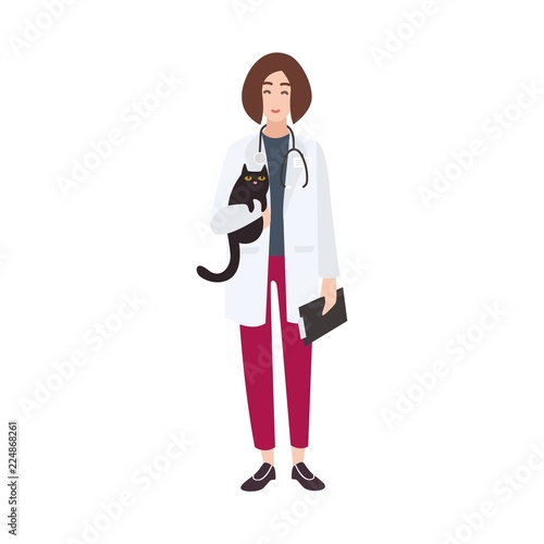 Friendly veterinary physician, veterinarian or vet wearing white coat and holding cat. Cheerful female cartoon character isolated on white background. Colorful vector illustration in flat style.