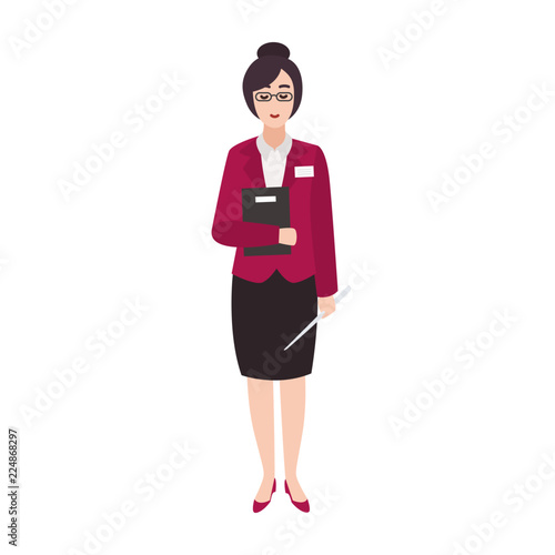 Cheerful woman primary school teacher or educational worker holding book and pointer