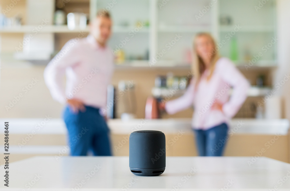 Couple using smart speaker at home Couple using smart speaker at home