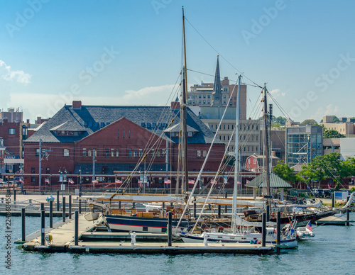 Skyline of the city of New London, Connecticut. Whaling ship in the foreground.