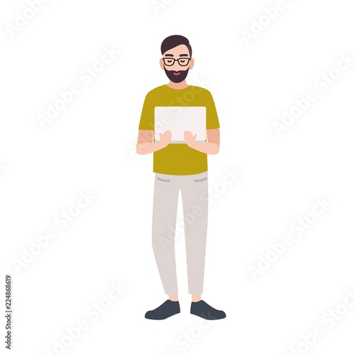 Smiling programmer, coder, web developer, software engineer or IT worker hold...