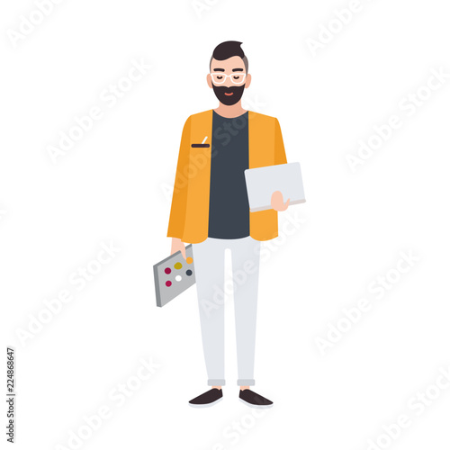 Graphic, web or interior designer or creative worker holding color palette and laptop