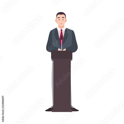 Politician, government worker, presidential candidate standing on rostrum and making public speech