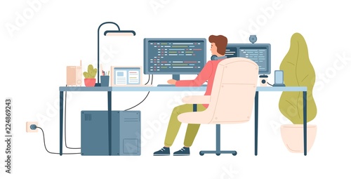 Programmer, coder, web developer or software engineer sitting at desk and working on computer or programming. Workplace of IT worker. Back view. Colorful vector illustration in flat cartoon style.