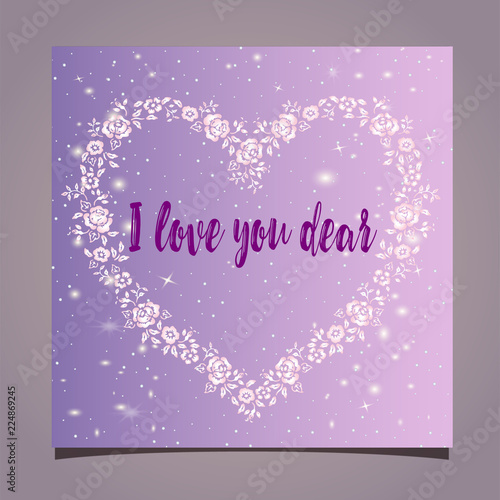 Vector romantic greeting card - floral frame in the shape of heart I love you