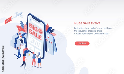 Modern horizontal web banner template with people standing in front of giant ...