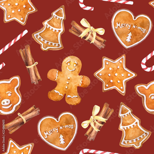Watercolor christmas seamless pattern with gingerbread cookies, cinnamon and  candy cane.