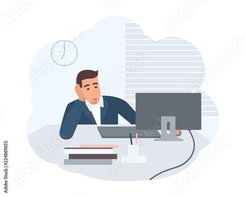 Office worker dressed in smart suit sitting at desk and working on computer. Clerk at its workplace. Scene from daily life of ordinary person. Colorful vector illustration in flat cartoon style.